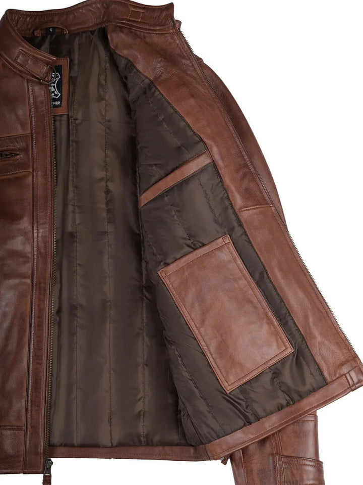 Johnson Men's Cognac Brown Quilted Biker Leather Jacket - XS - Johnson Men's Cognac Brown Quilted Biker Leather Jacket - Tatoo Tee