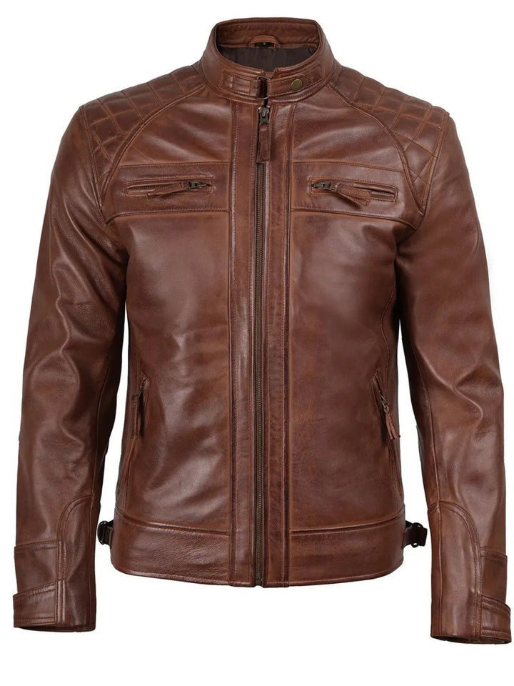 Johnson Men's Cognac Brown Quilted Biker Leather Jacket - XS - Johnson Men's Cognac Brown Quilted Biker Leather Jacket - Tatoo Tee