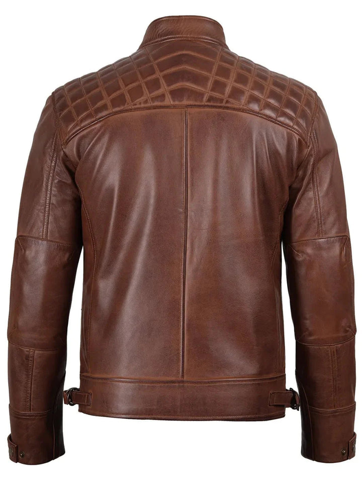Johnson Men's Cognac Brown Quilted Biker Leather Jacket - XS - Johnson Men's Cognac Brown Quilted Biker Leather Jacket - Tatoo Tee