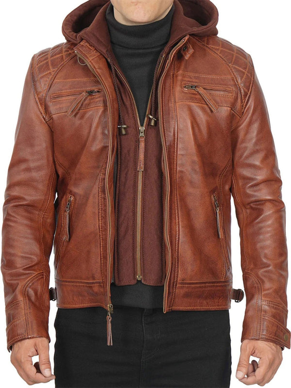 Johnson Mens Tan Hooded Leather Jacket