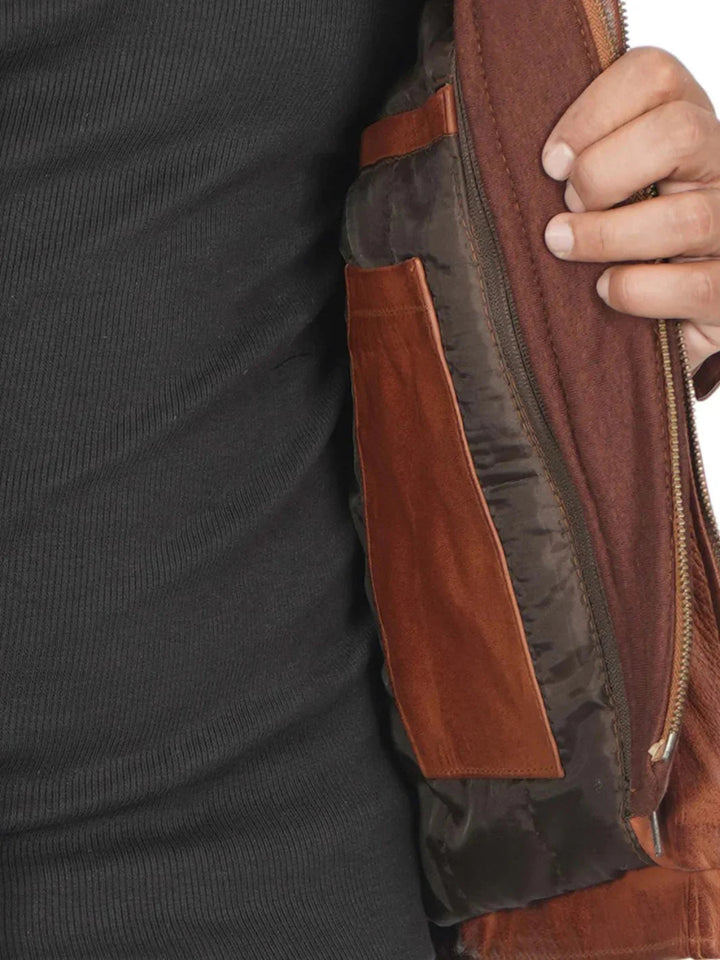 Johnson Mens Tan Hooded Leather Jacket - Male - XS - Johnson Mens Tan Hooded Leather Jacket - Tatoo Tee