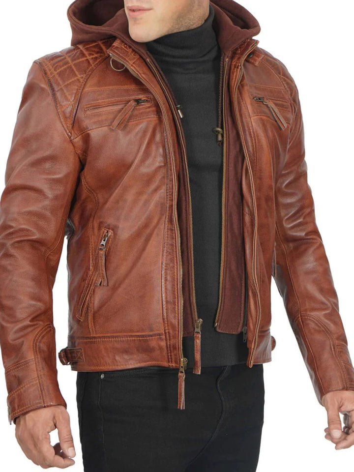 Johnson Mens Tan Hooded Leather Jacket - Male - XS - Johnson Mens Tan Hooded Leather Jacket - Tatoo Tee