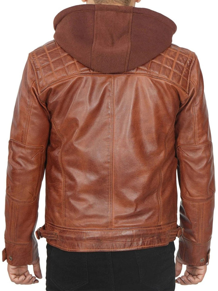 Johnson Mens Tan Hooded Leather Jacket - Male - XS - Johnson Mens Tan Hooded Leather Jacket - Tatoo Tee