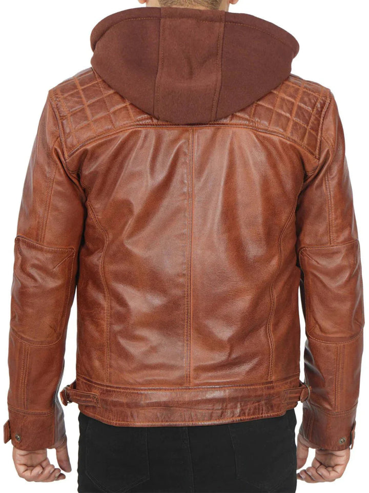 Johnson Mens Tan Hooded Leather Jacket - Male - XS - Johnson Mens Tan Hooded Leather Jacket - Tatoo Tee