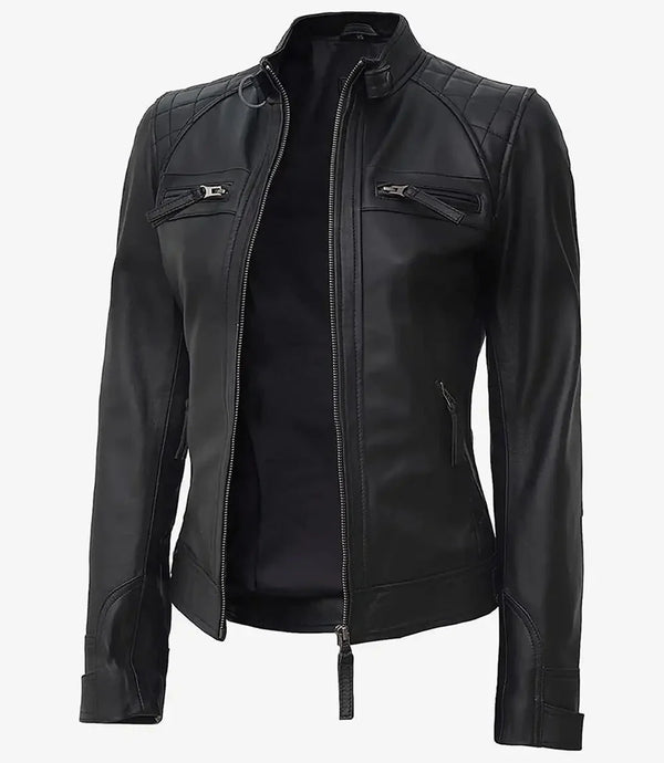 Johnson Women Black Quilted Biker Leather Jacket