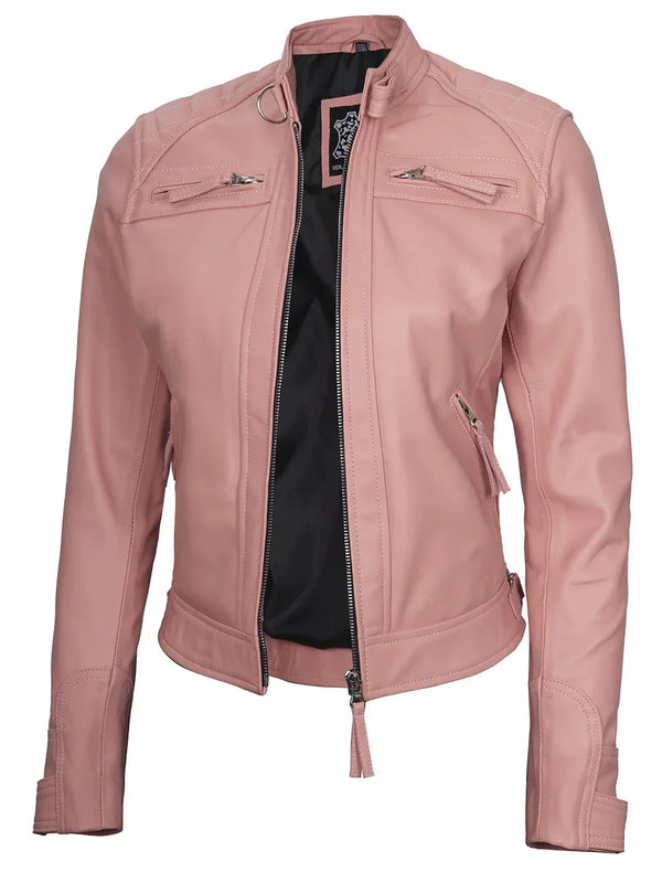 Johnson Women Pink Quilted Cafe Racer Leather Jacket