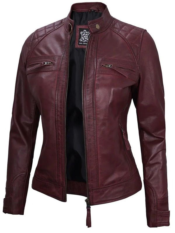 Johnson Women's Burgundy Quilted Cafe Racer Leather Jacket