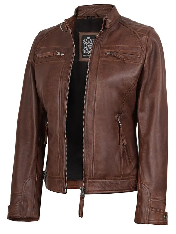 Johnson Women's Cognac Brown Cafe Racer Leather Jacket
