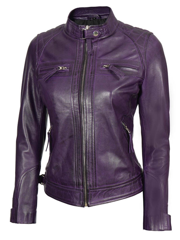 Johnson Women's Purple Quilted Cafe Racer Leather Jacket