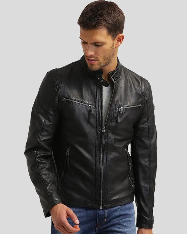 Jose Black Leather Racer Jacket - XS - Jose Black Leather Racer Jacket - Tatoo Tee