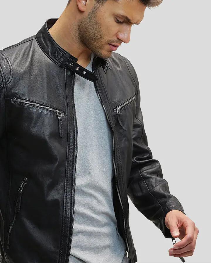 Jose Black Leather Racer Jacket - XS - Jose Black Leather Racer Jacket - Tatoo Tee
