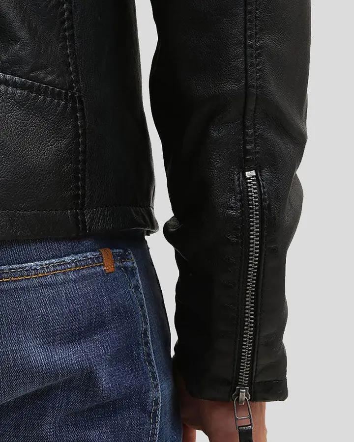 Jose Black Leather Racer Jacket - XS - Jose Black Leather Racer Jacket - Tatoo Tee