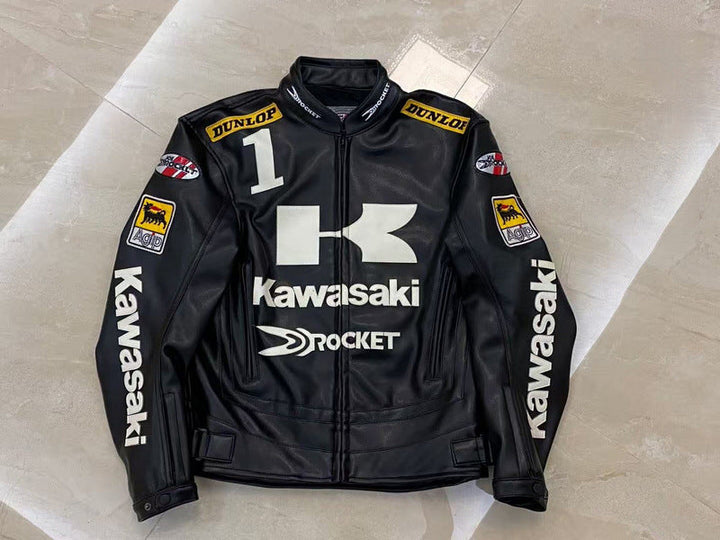 Black Kawasaki motorcycle jacket with various logos on a light background