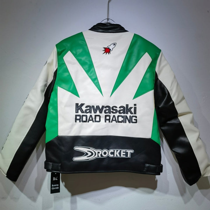Kawasaki Leather Vintage Racing Jacket - White - XS - Kawasaki Road Racing jacket with green, white, and black design on a gray background - Tatoo Tee