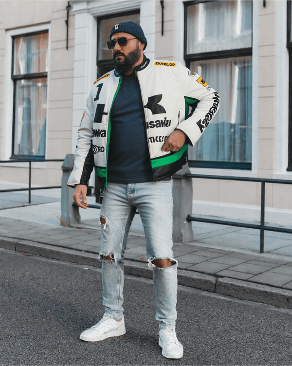 Kawasaki Leather Vintage Racing Jacket - White - XS - Kawasaki Leather Vintage Racing Jacket - Tatoo Tee