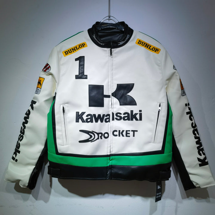 Motorcycle jacket with Kawasaki and Dunlop branding on a white background