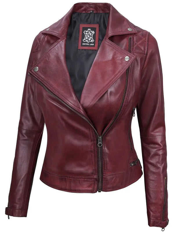Kimberley Women's Asymmetrical Burgundy Quilted Moto Leather Jacket