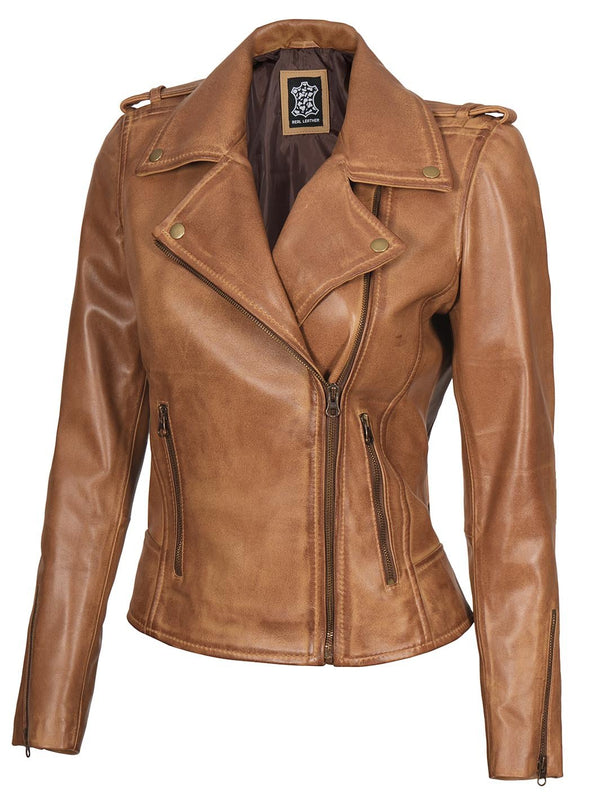Kirsten Womens Asymmetrical Camel Brown Biker Leather Jacket