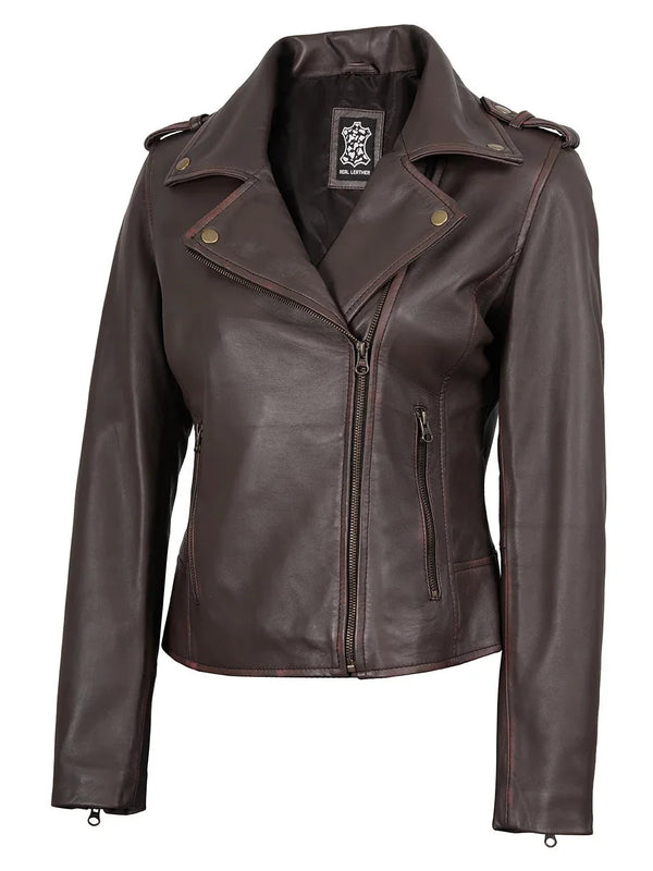 Kirsten Womens Dark Brown Asymmetrical Leather Motorcycle Jacket