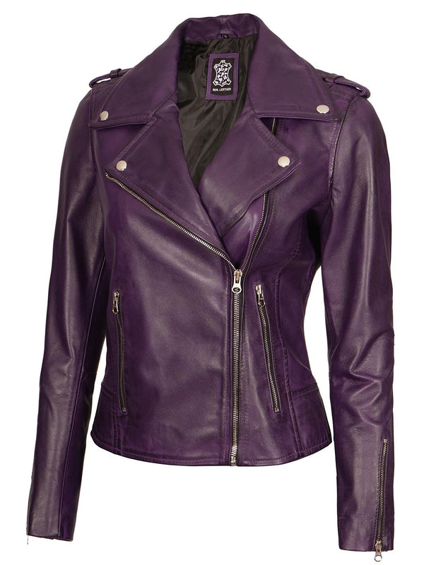 Kirsten Women's Purple Asymmetrical Motorcycle Leather Jacket