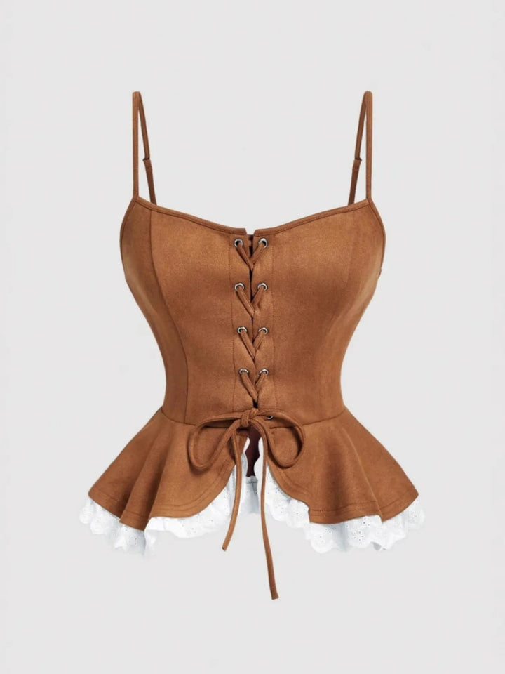 Lace Trim Peplum Cami - Light Brown - XS - 81a7ff01d2de4c389edb45363045422b - Max - Origin - Tatoo Tee