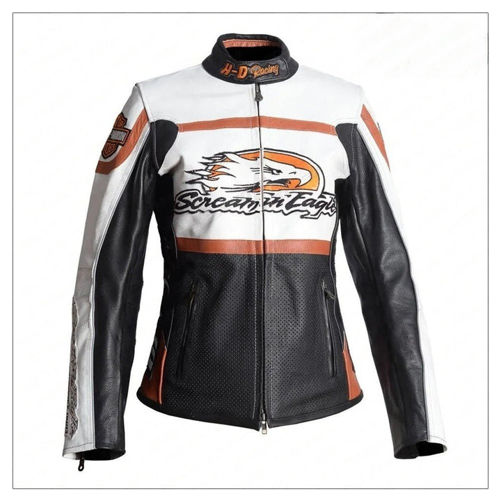 Ladies Harley Davidson Raceway Screamin Eagle Leather Jacket - Female - XS - Motorcycle jacket with visible branding on a white background - Tatoo Tee