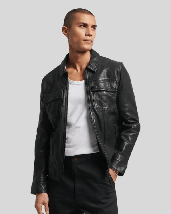 Landon Black Racer Leather Jacket - XS - Landon Black Racer Leather Jacket - Tatoo Tee