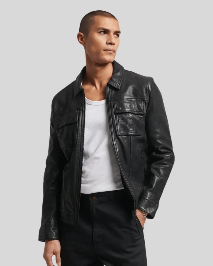 Landon Black Racer Leather Jacket - XS - Landon Black Racer Leather Jacket - Tatoo Tee