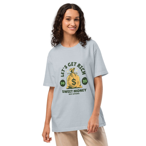 Let’s Get Rich Unisex oversized t-shirt - Light Washed Denim - S - Product mockup - Tatoo Tee
