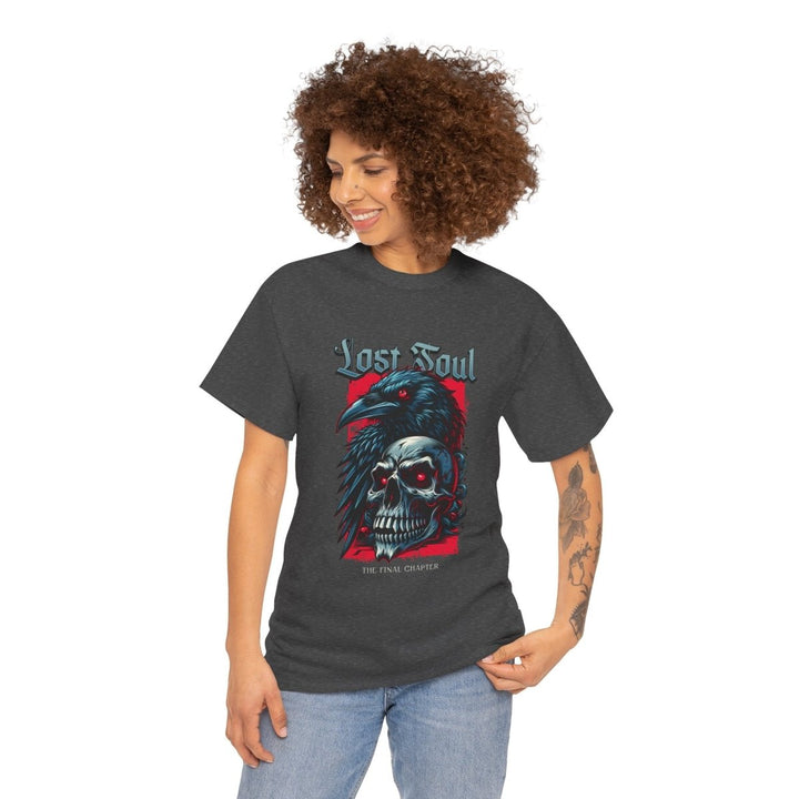 Lost Soul Unisex Heavy Cotton Tee - Gothic Skull & Raven Design - Dark Heather - S - Lost Soul Unisex Heavy Cotton Tee - Gothic Skull & Raven Design - Tatoo Tee