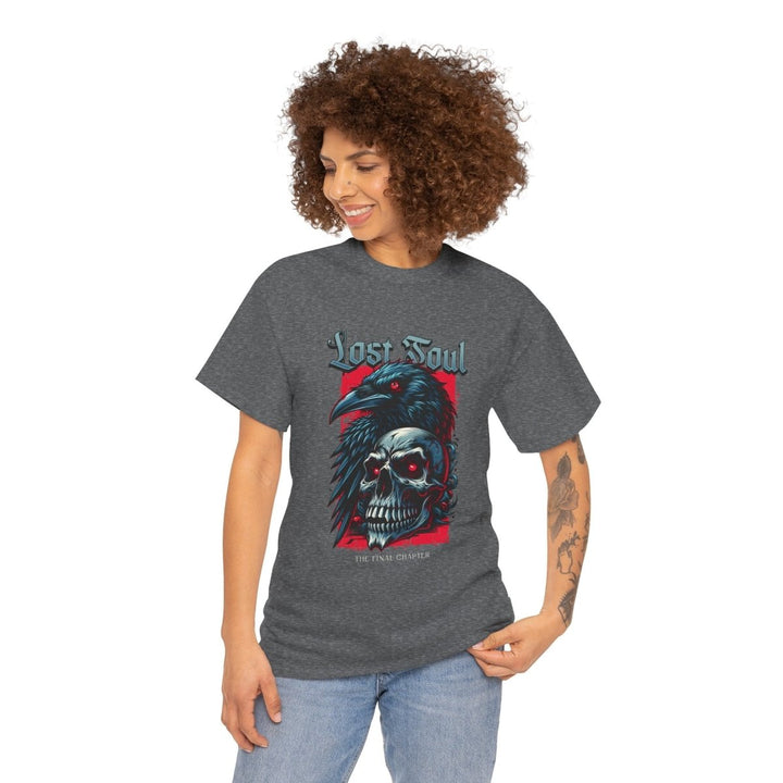 Lost Soul Unisex Heavy Cotton Tee - Gothic Skull & Raven Design - Graphite Heather - S - Lost Soul Unisex Heavy Cotton Tee - Gothic Skull & Raven Design - Tatoo Tee