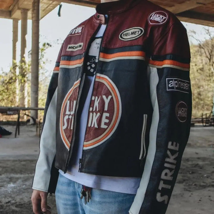 Lucky Strike Leather Jacket - Black & Dark Red - XS - Men - Lucky Strike Leather Jacket - Black & Dark Red - Tatoo Tee