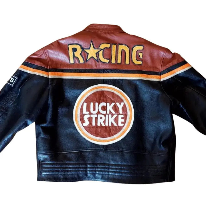 Lucky Strike Leather Jacket - Black & Dark Red - XS - Men - Lucky Strike Leather Jacket - Black & Dark Red - Tatoo Tee