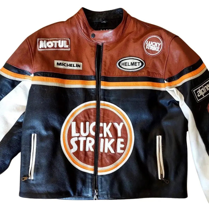 Lucky Strike Leather Jacket - Black & Dark Red - XS - Men - Lucky Strike Leather Jacket - Black & Dark Red - Tatoo Tee