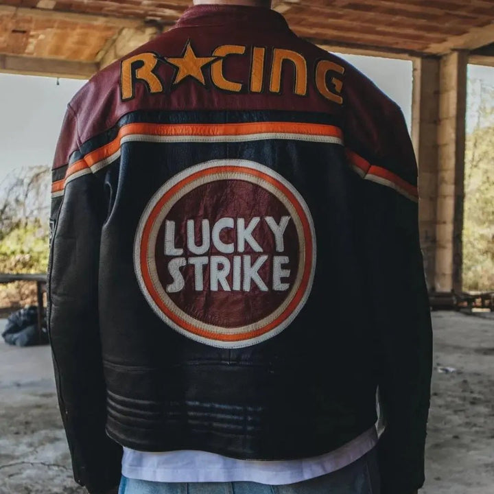 Lucky Strike Leather Jacket - Black & Dark Red - XS - Men - Lucky Strike Leather Jacket - Black & Dark Red - Tatoo Tee
