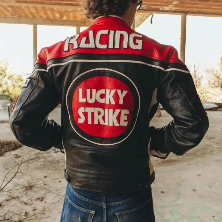 Lucky Strike Leather Jacket - Black & Red - XS - Men - Lucky Strike Leather Jacket - Black & Red - Tatoo Tee