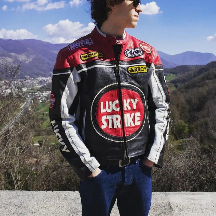 Lucky Strike Leather Jacket - Black & Red - XS - Men - Lucky Strike Leather Jacket - Black & Red - Tatoo Tee