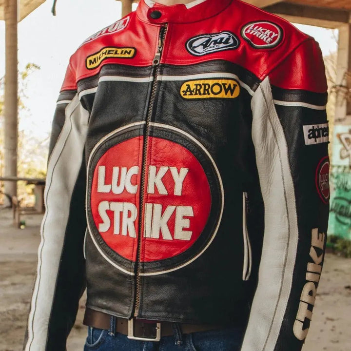 Lucky Strike Leather Jacket - Black & Red - XS - Men - Lucky Strike Leather Jacket - Black & Red - Tatoo Tee