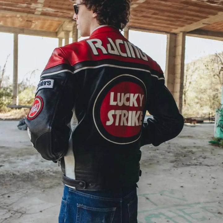 Lucky Strike Leather Jacket - Black & Red - XS - Men - Lucky Strike Leather Jacket - Black & Red - Tatoo Tee