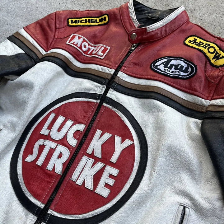 Lucky Strike Red & White Leather Jacket - Male - XS - Lucky Strike Red & White Leather Jacket - Tatoo Tee