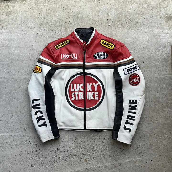 Lucky Strike Red & White Leather Jacket - Male - XS - Lucky Strike Red & White Leather Jacket - Tatoo Tee