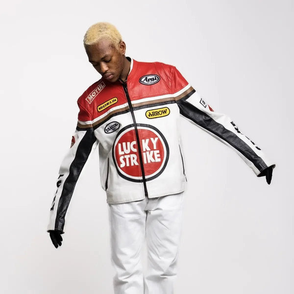 Lucky Strike Red & White Leather Jacket - Male - XS - Lucky Strike Red & White Leather Jacket - Tatoo Tee