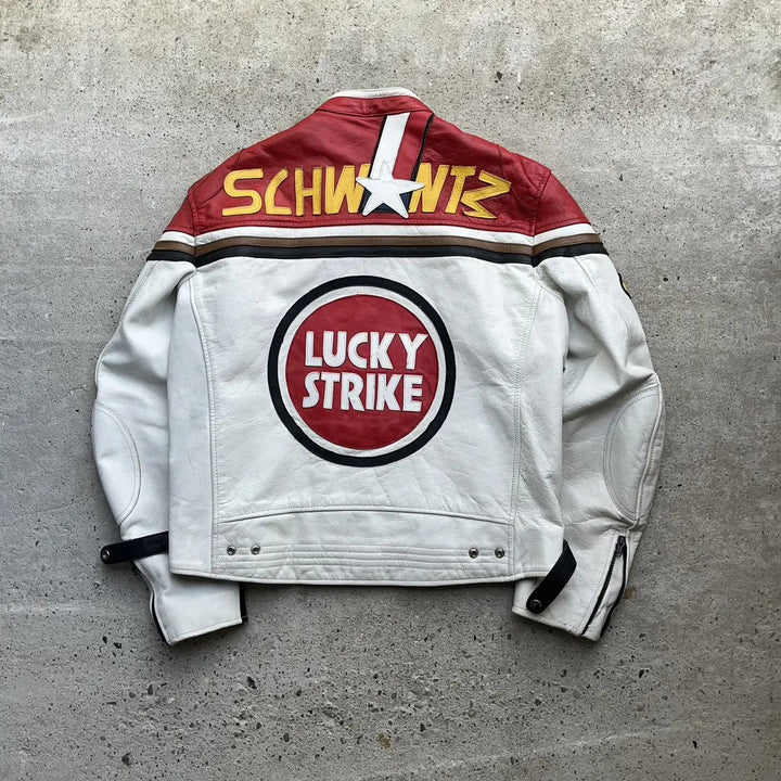 Lucky Strike Red & White Leather Jacket - Male - XS - Lucky Strike Red & White Leather Jacket - Tatoo Tee