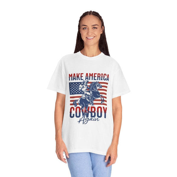 Make America Cowboy Again Unisex T-Shirt, Western Tee, Casual Wear, Rodeo Apparel - White - S - Make America Cowboy Again Unisex T-Shirt, Western Tee, Casual Wear, Rodeo Apparel - Tatoo Tee