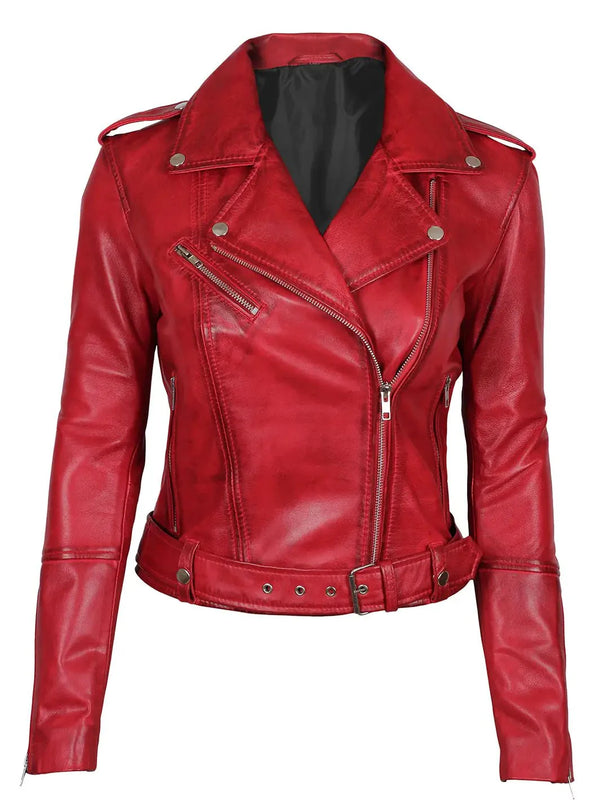 Margaret Women's Red Asymmetrical Motorcycle Leather  Jacket