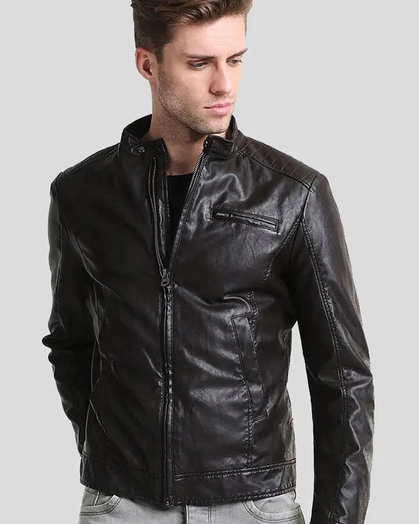 Mark Black Lambskin Leather Racer Jacket - XS - Mark Black Lambskin Leather Racer Jacket - Tatoo Tee
