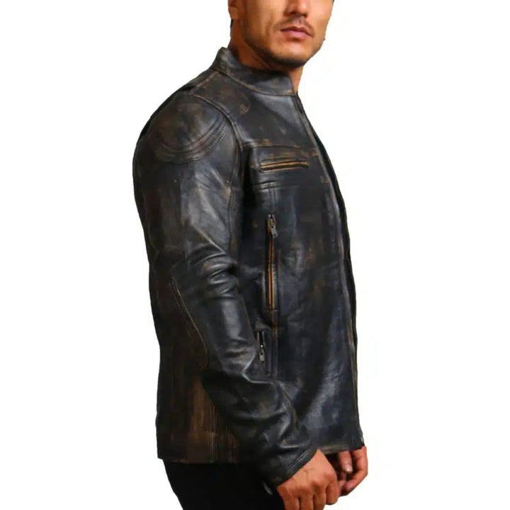 Men Black Motorcycle Leather Jacket - XS - Men Black Motorcycle Leather Jacket - Tatoo Tee