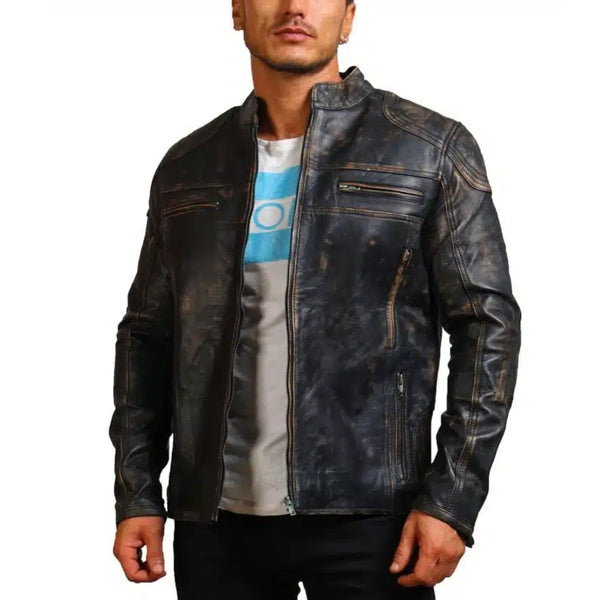 Men Black Motorcycle Leather Jacket - XS - Men Black Motorcycle Leather Jacket - Tatoo Tee