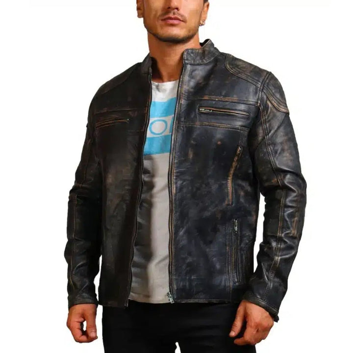 Men Black Motorcycle Leather Jacket - XS - Men Black Motorcycle Leather Jacket - Tatoo Tee
