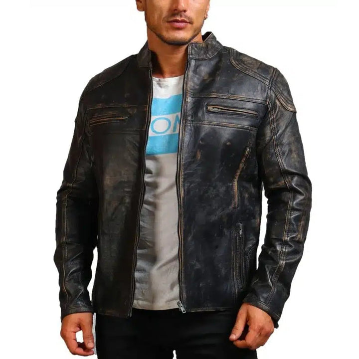 Men Black Motorcycle Leather Jacket - XS - Men Black Motorcycle Leather Jacket - Tatoo Tee